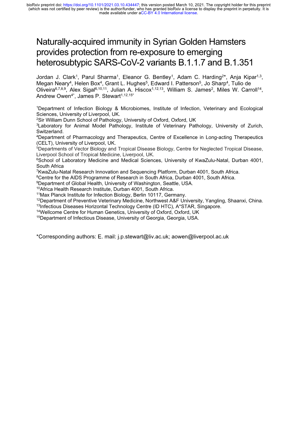 Naturally-Acquired Immunity in Syrian Golden Hamsters Provides Protection from Re-Exposure to Emerging Heterosubtypic SARS-Cov-2 Variants B.1.1.7 and B.1.351