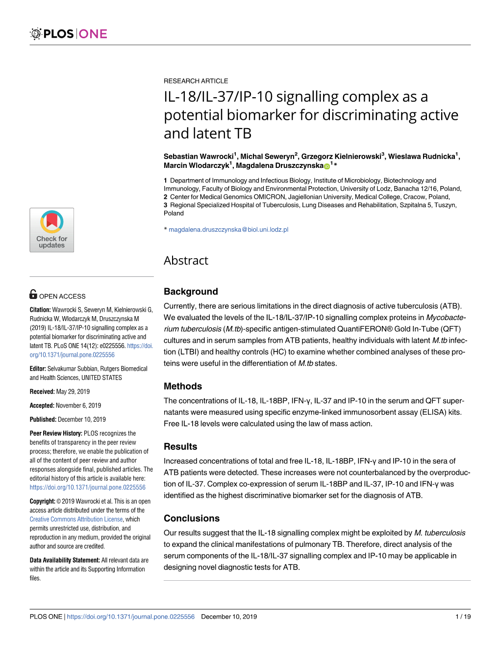 IL-18/IL-37/IP-10 Signalling Complex As a Potential Biomarker for Discriminating Active and Latent TB