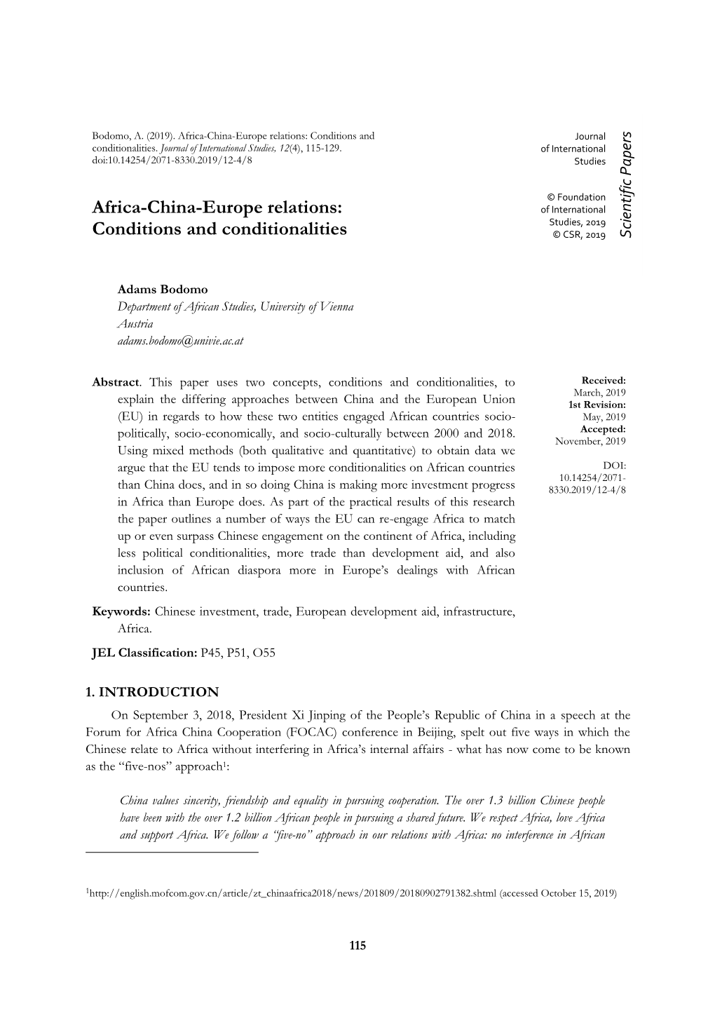 Africa-China-Europe Relations: Conditions and Journal Conditionalities
