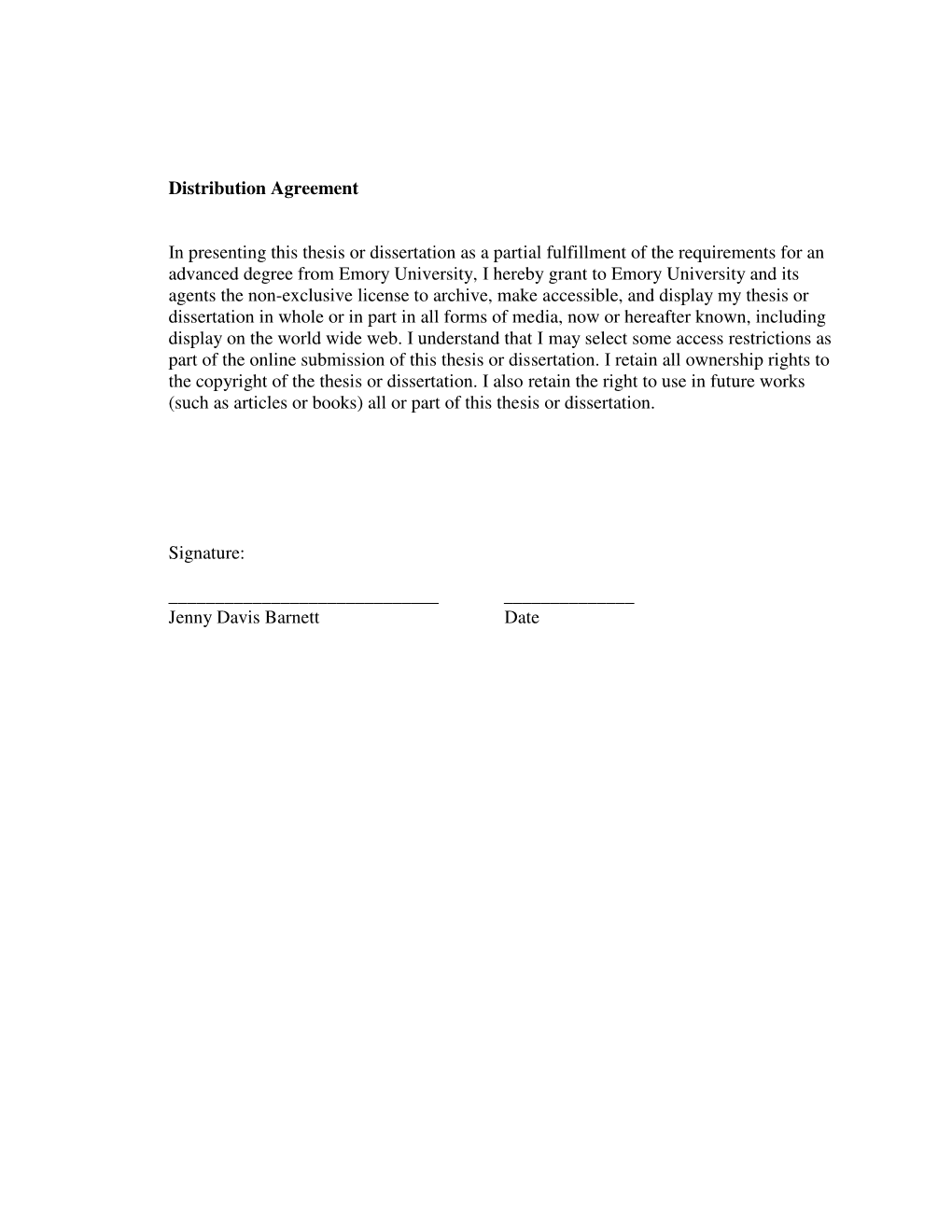 Distribution Agreement in Presenting This Thesis Or Dissertation As A