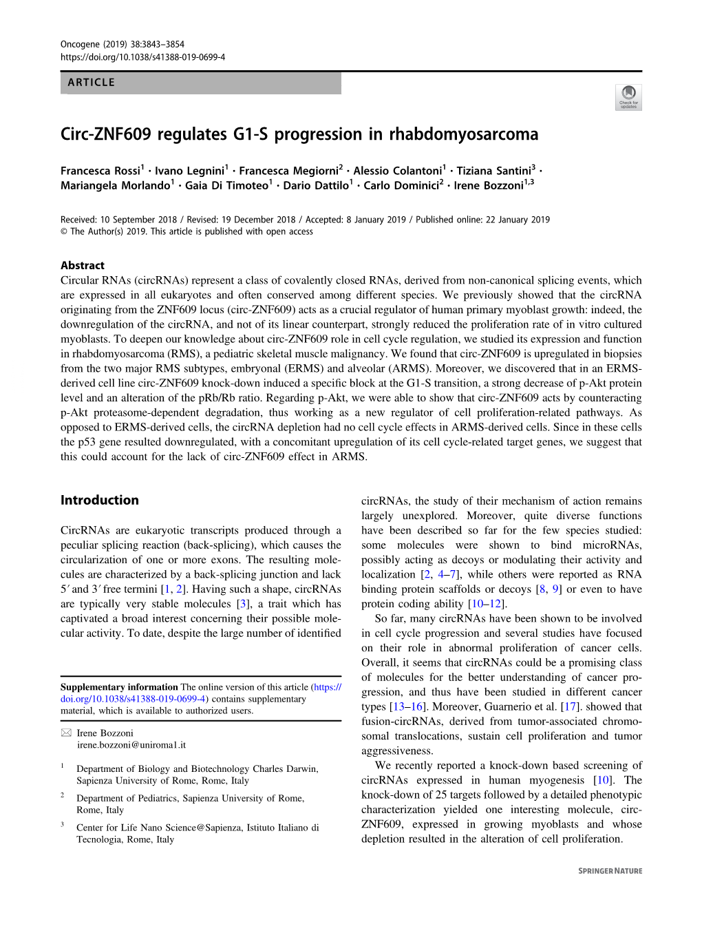 Circ-ZNF609 Regulates G1-S Progression in Rhabdomyosarcoma