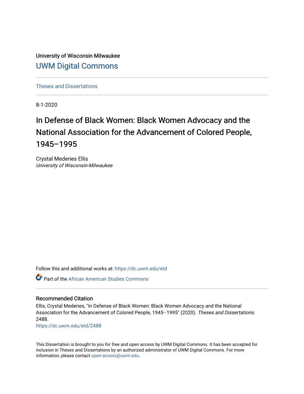 In Defense of Black Women: Black Women Advocacy and the National Association for the Advancement of Colored People, 1945–1995