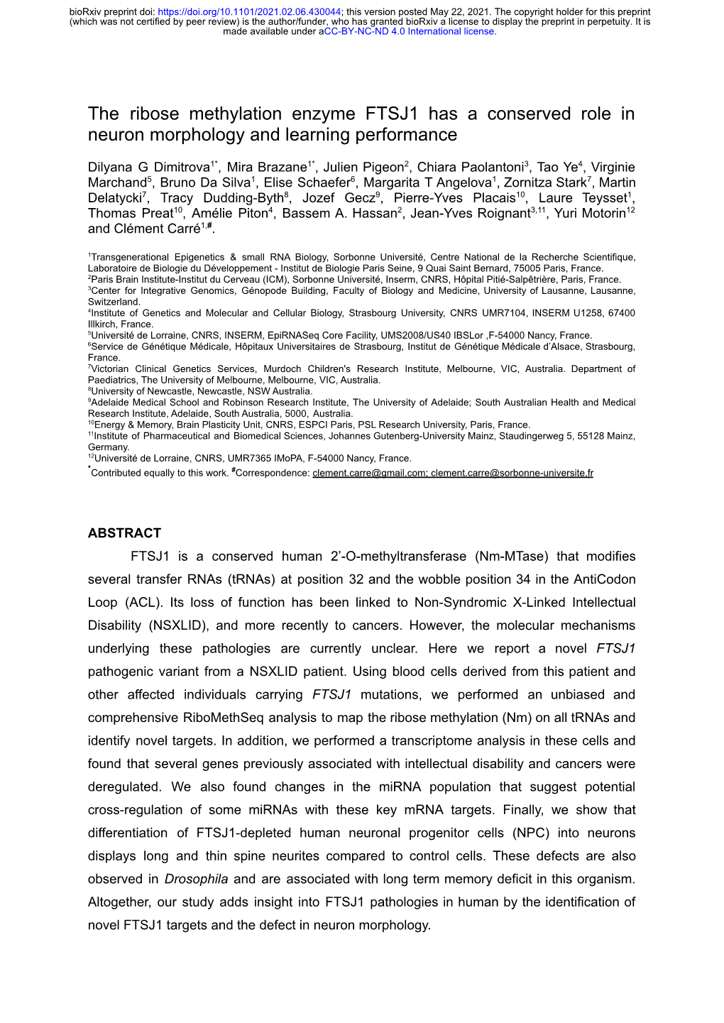 The Ribose Methylation Enzyme FTSJ1 Has a Conserved Role in Neuron Morphology and Learning Performance