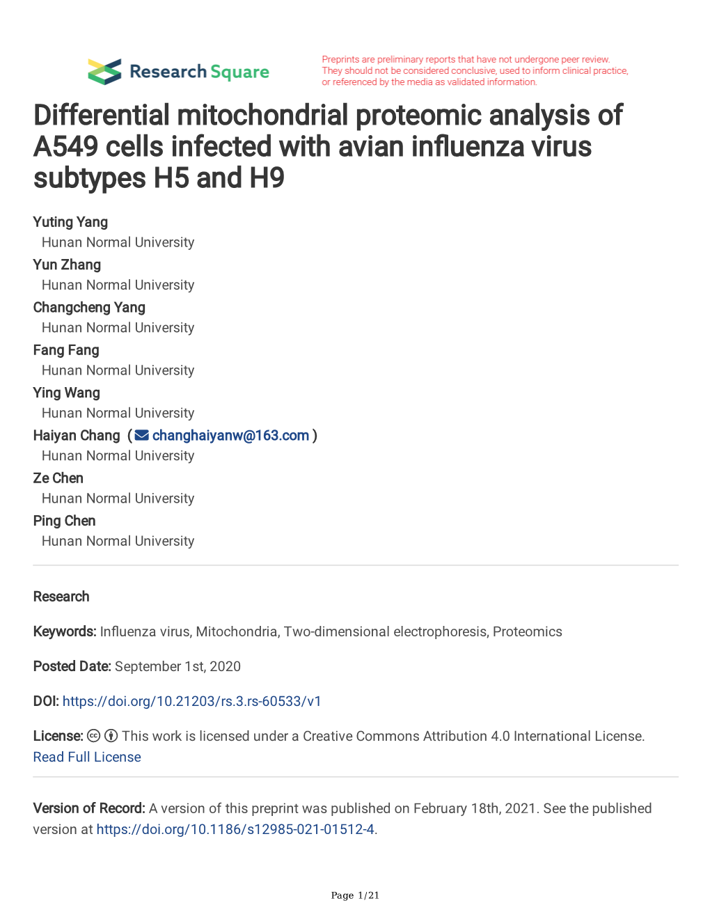 Differential Mitochondrial Proteomic Analysis of A549 Cells Infected with Avian Infuenza Virus Subtypes H5 and H9