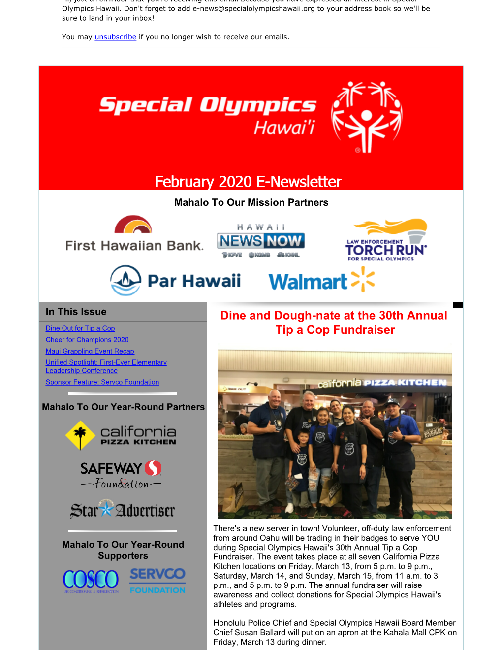 February 2020 E-Newsletter Mahalo to Our Mission Partners