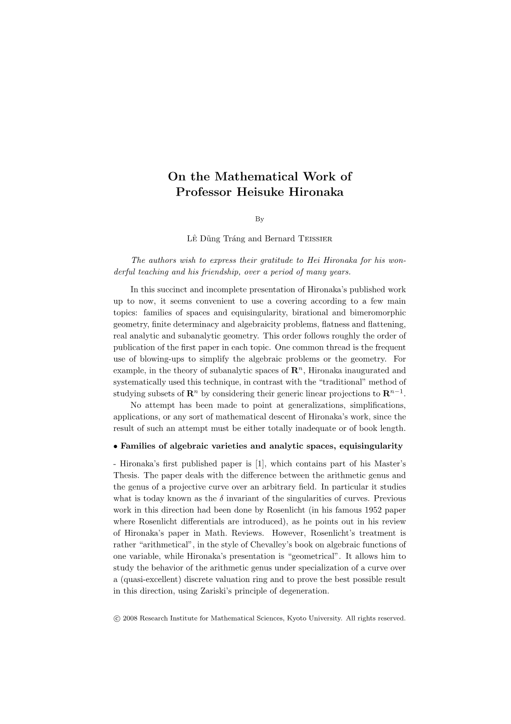 On the Mathematical Work of Professor Heisuke Hironaka