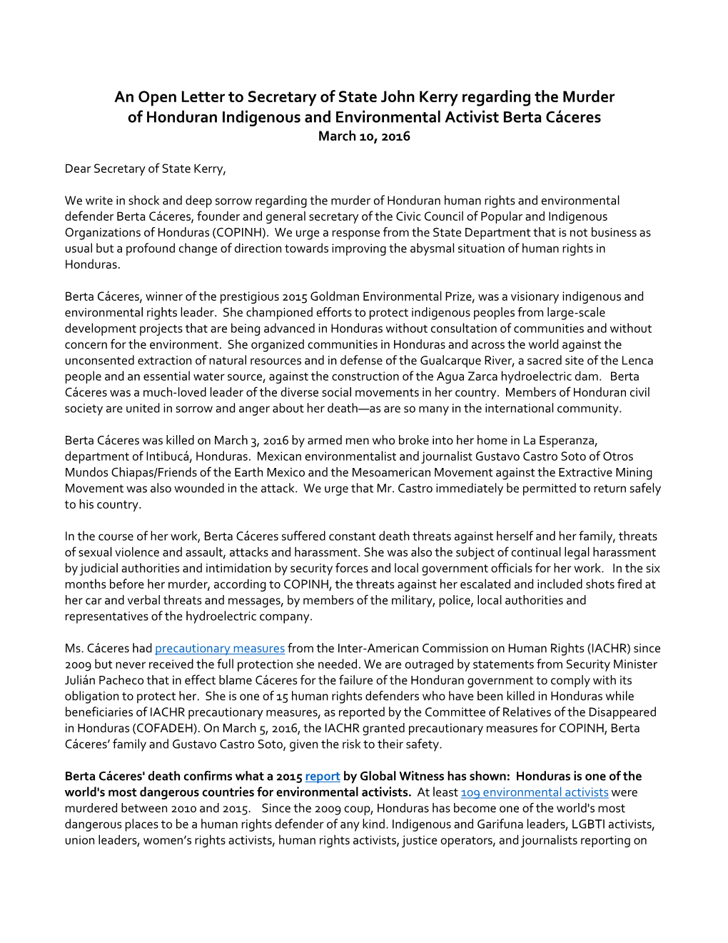 An Open Letter to Secretary of State John Kerry Regarding the Murder of Honduran Indigenous and Environmental Activist Berta Cáceres March 10, 2016