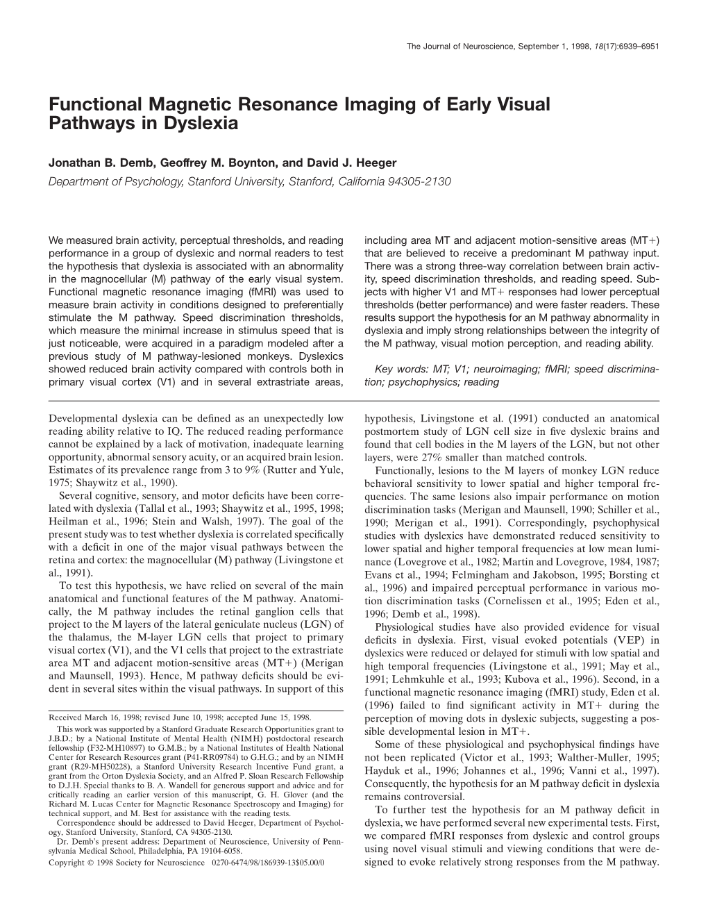 Functional Magnetic Resonance Imaging of Early Visual Pathways in Dyslexia