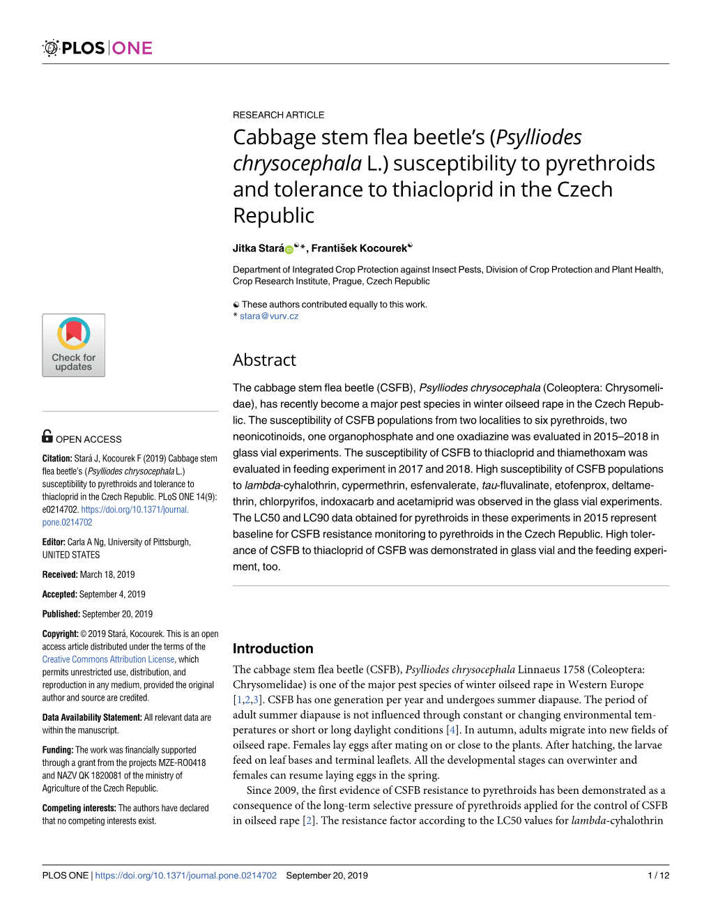 Cabbage Stem Flea Beetle's (Psylliodes Chrysocephala L.) Susceptibility and Tolerance