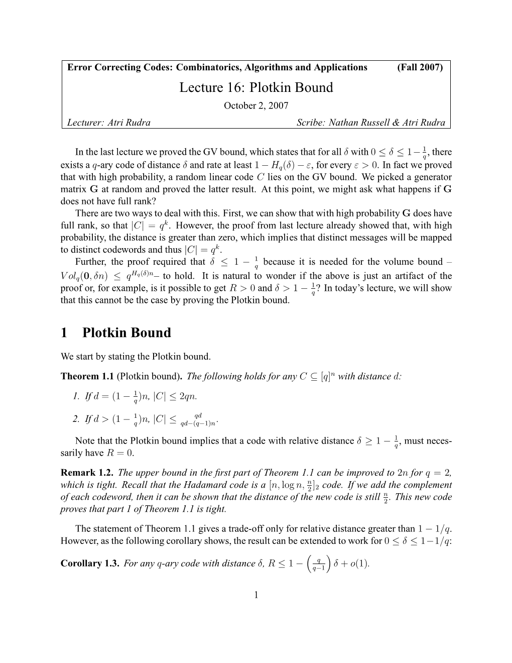 Lecture 16: Plotkin Bound 1 Plotkin Bound