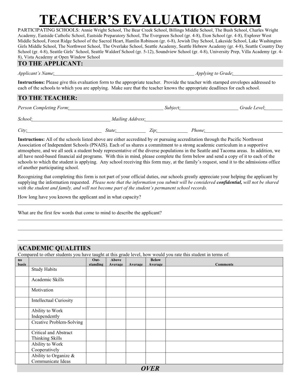 Teacher's Evaluation Form