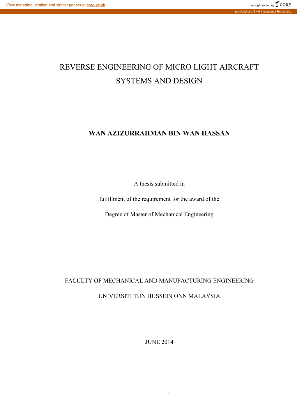 Reverse Engineering of Micro Light Aircraft Systems and Design