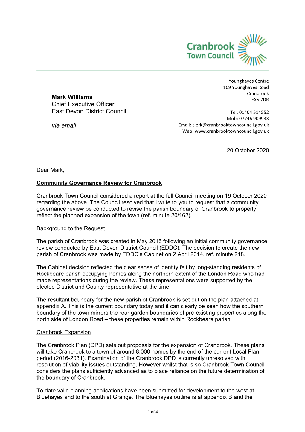 Mark Williams Chief Executive Officer East Devon District Council Via Email