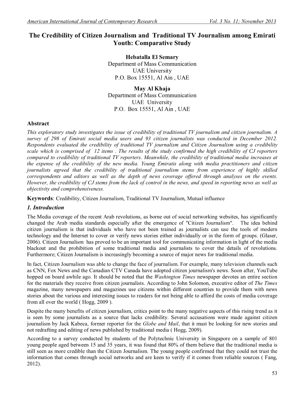 The Credibility of Citizen Journalism and Traditional TV Journalism Among Emirati Youth: Comparative Study