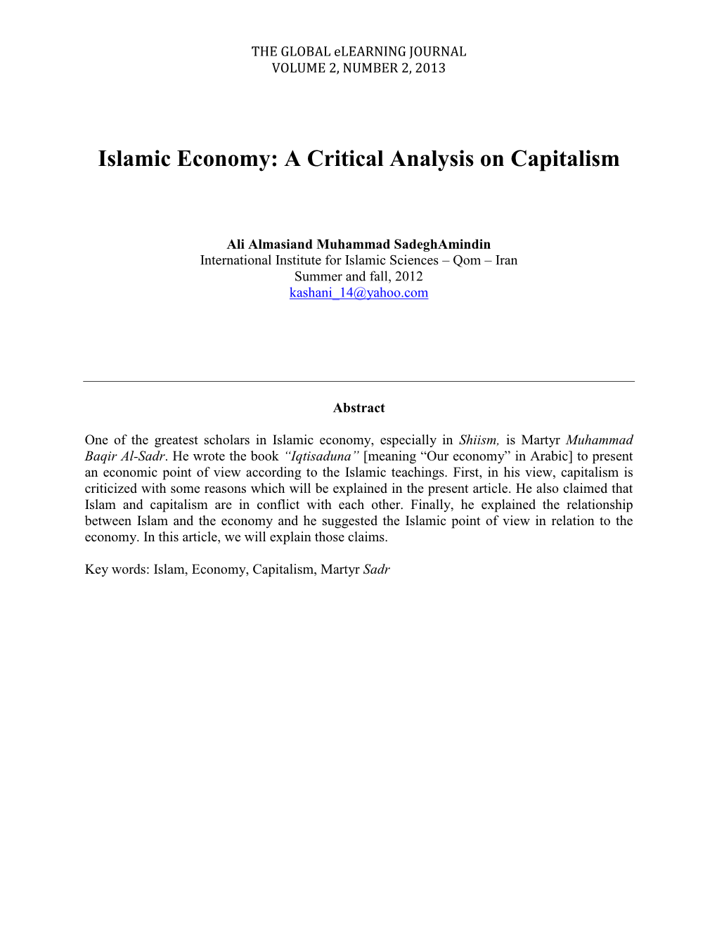 Islamic Economy: a Critical Analysis on Capitalism