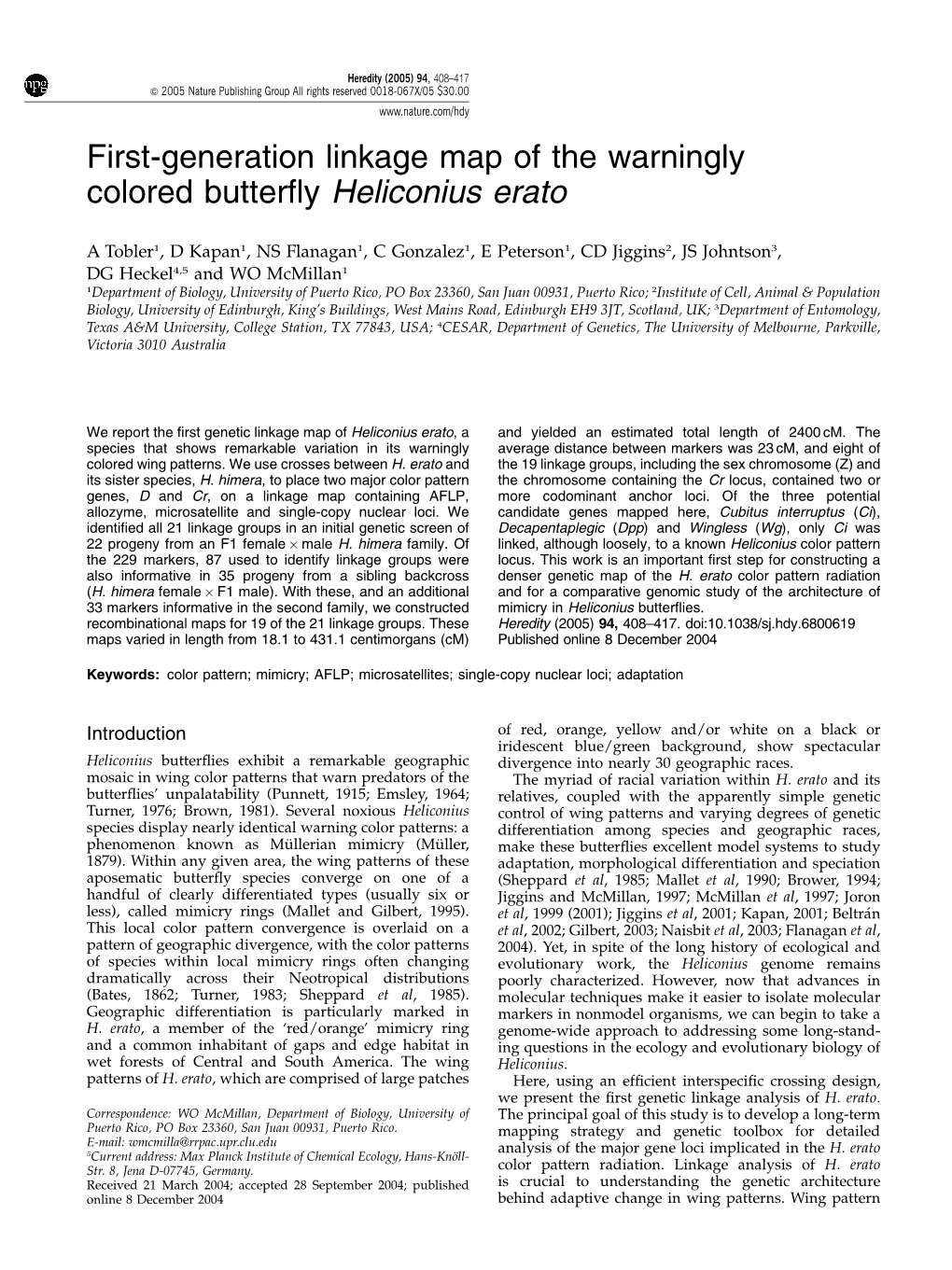 First-Generation Linkage Map of the Warningly Colored Butterfly