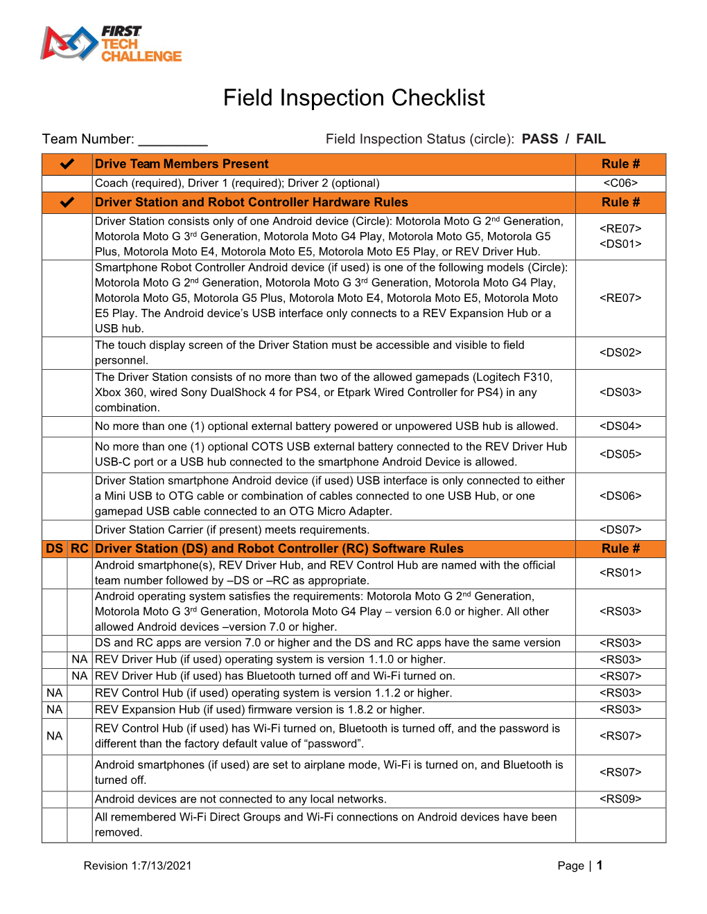 Field Inspection Checklist