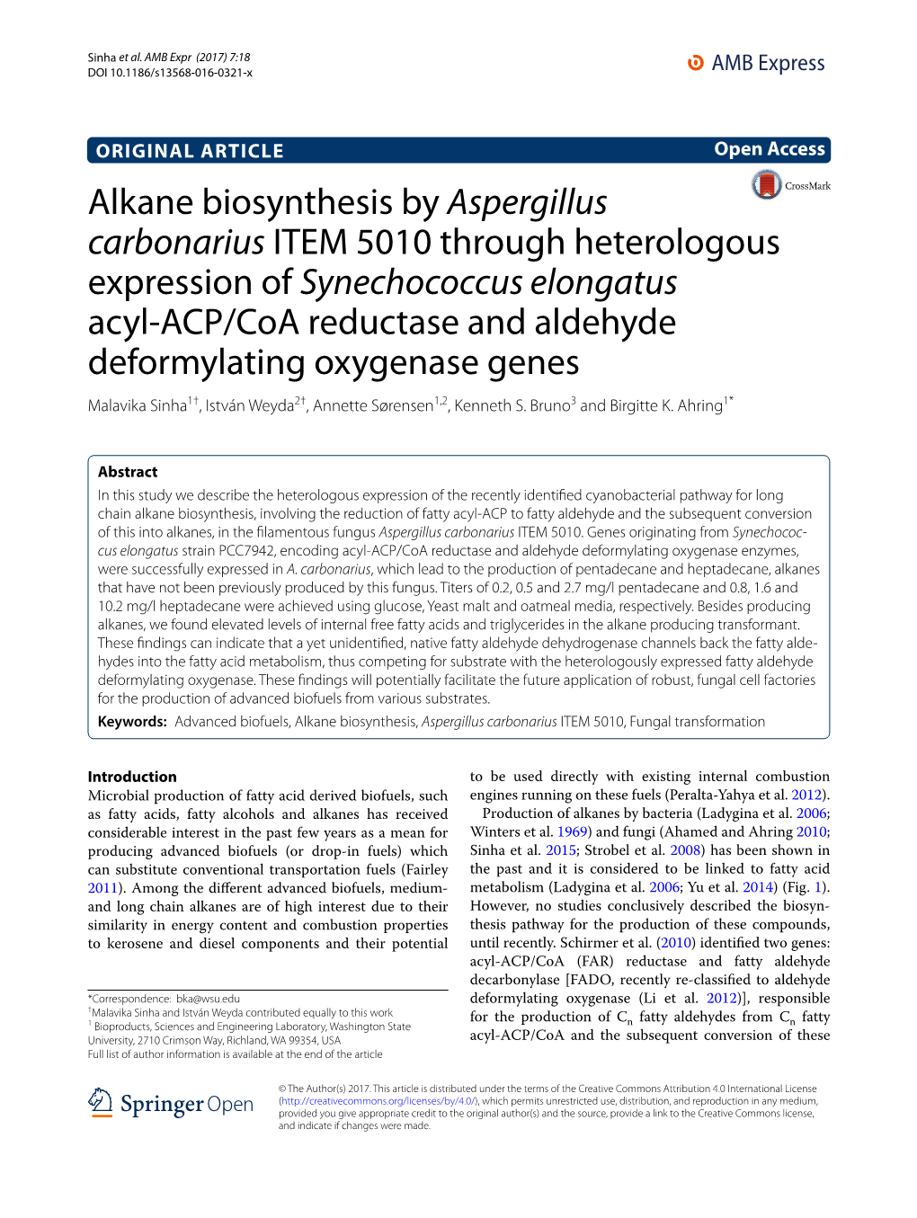 Alkane Biosynthesis by Aspergillus Carbonarius ITEM 5010 Through