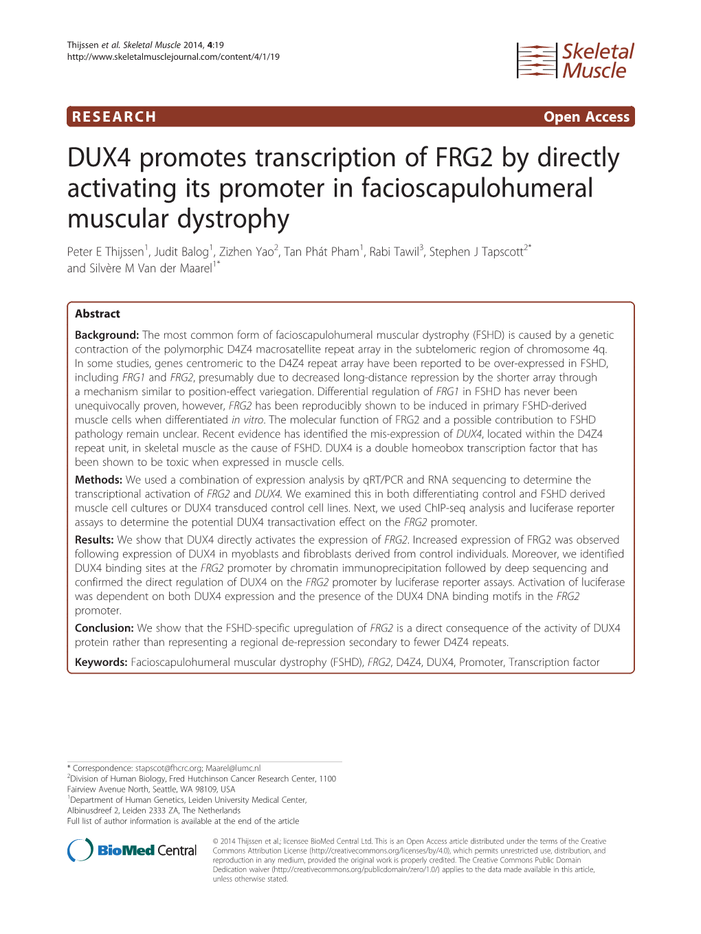 DUX4 Promotes Transcription of FRG2 by Directly Activating Its Promoter in Facioscapulohumeral Muscular Dystrophy