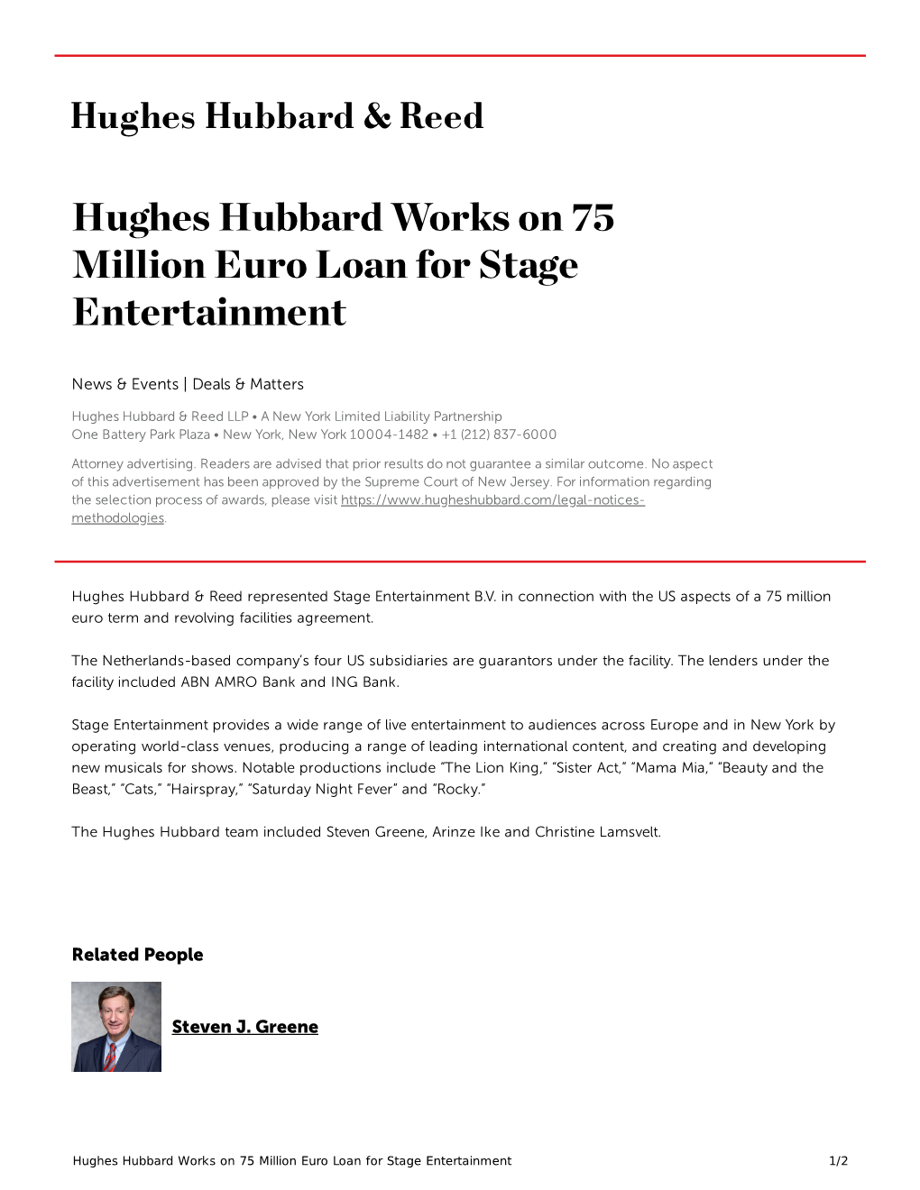 Hughes Hubbard Works on 75 Million Euro Loan for Stage Entertainment