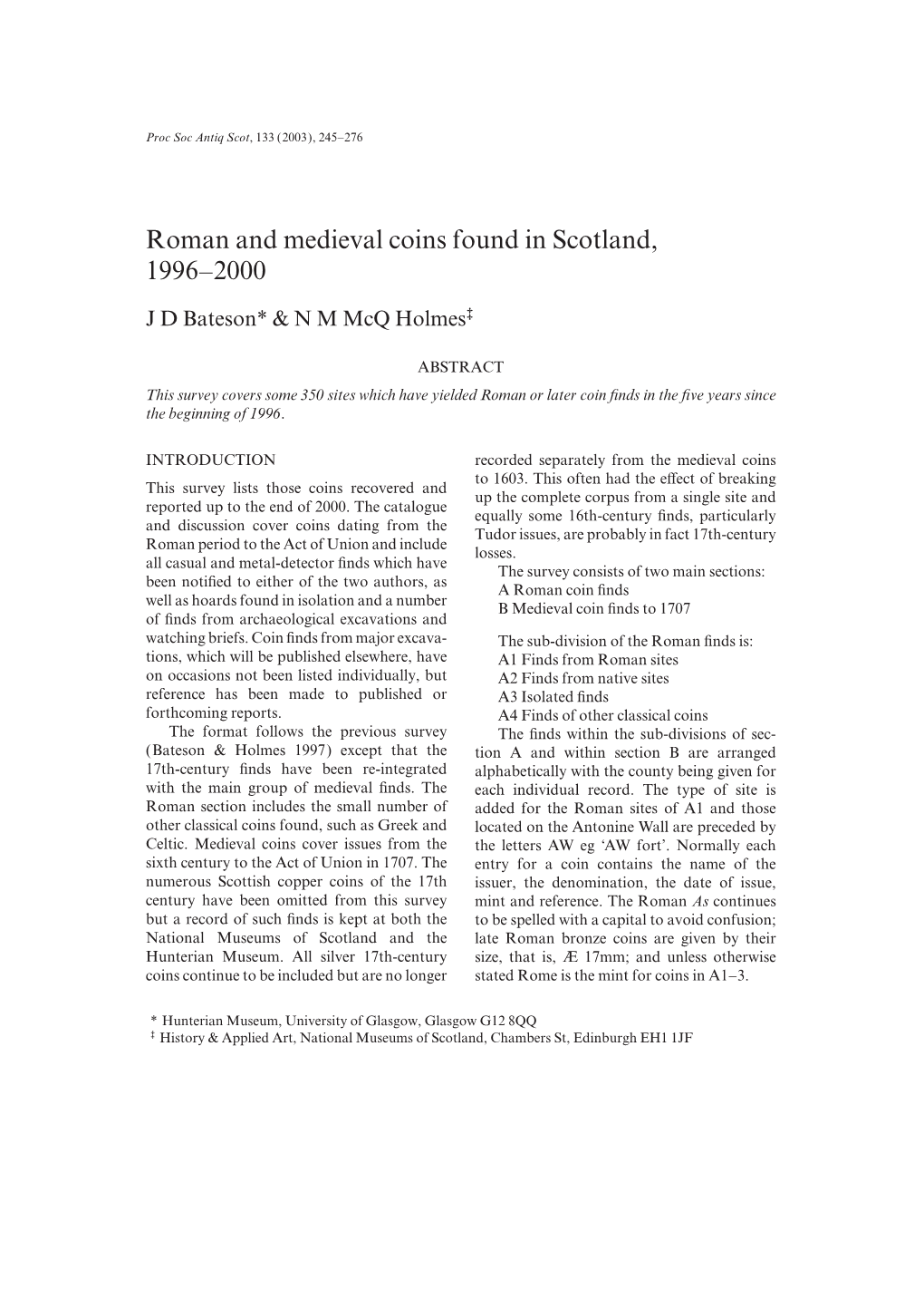 Roman and Medieval Coins Found in Scotland, 1996–2000