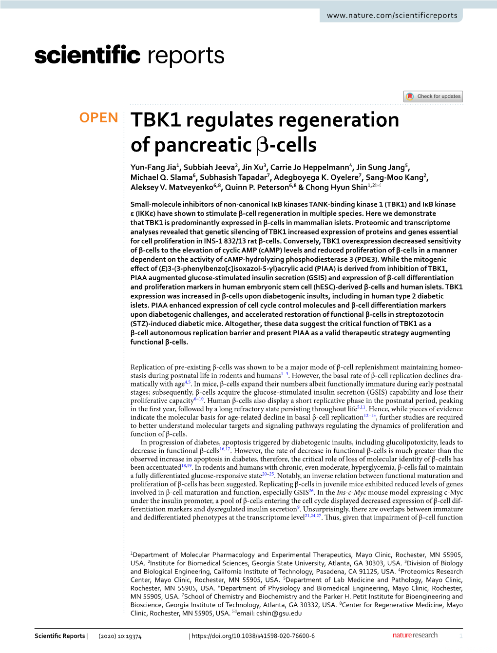 TBK1 Regulates Regeneration of Pancreatic Β-Cells