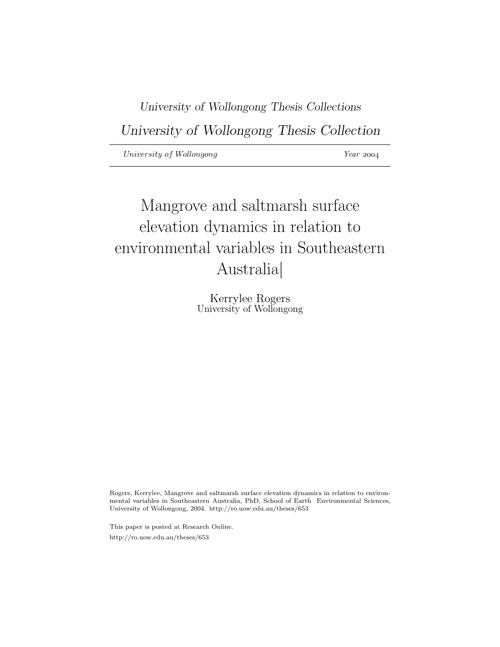 Mangrove and Saltmarsh Surface Elevation Dynamics in Relation to Environmental Variables in Southeastern Australia|