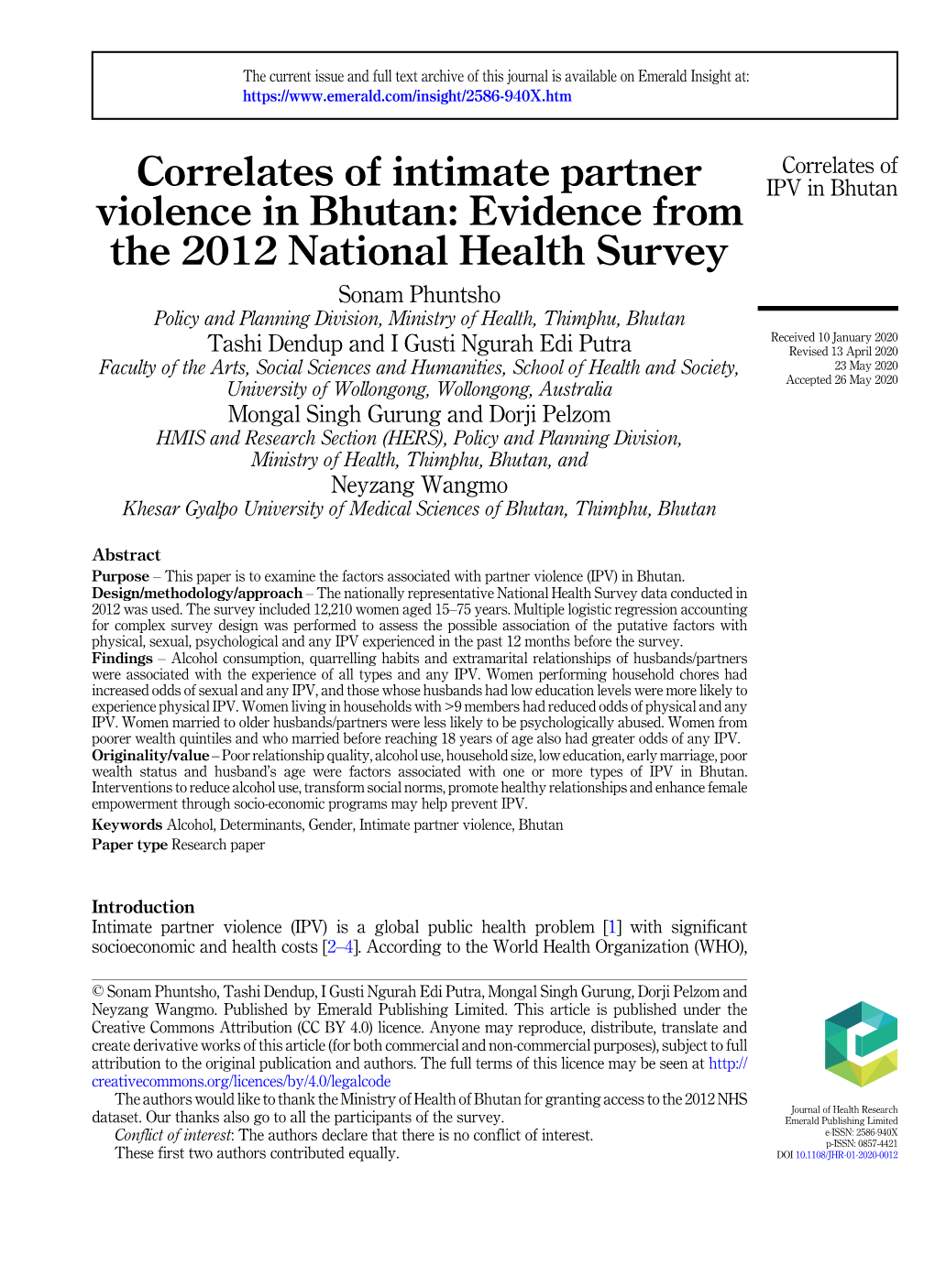 Correlates of Intimate Partner Violence in Bhutan