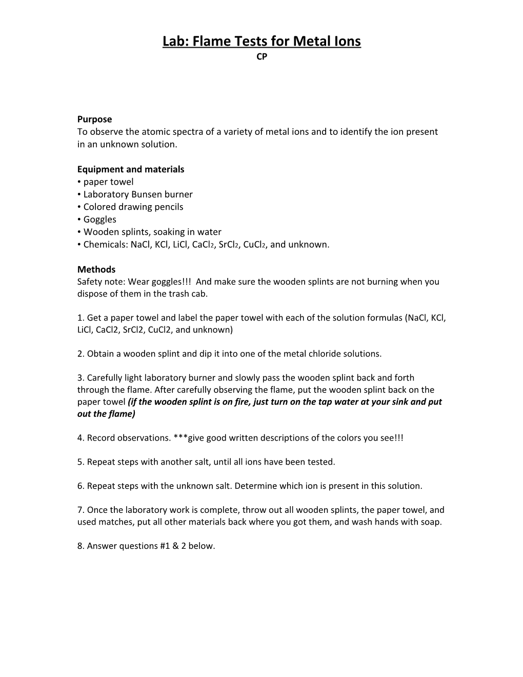 Lab: Flame Tests for Metal Ions