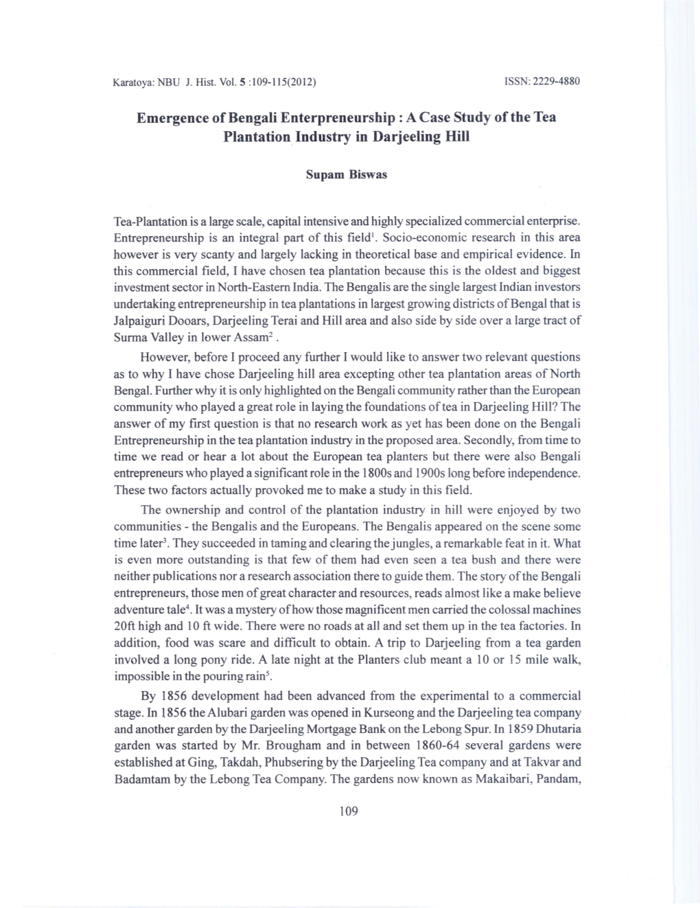 Emergence of Bengali Enterpreneurship : a Case Study of the Tea Plantation Industry in Darjeeling Hill