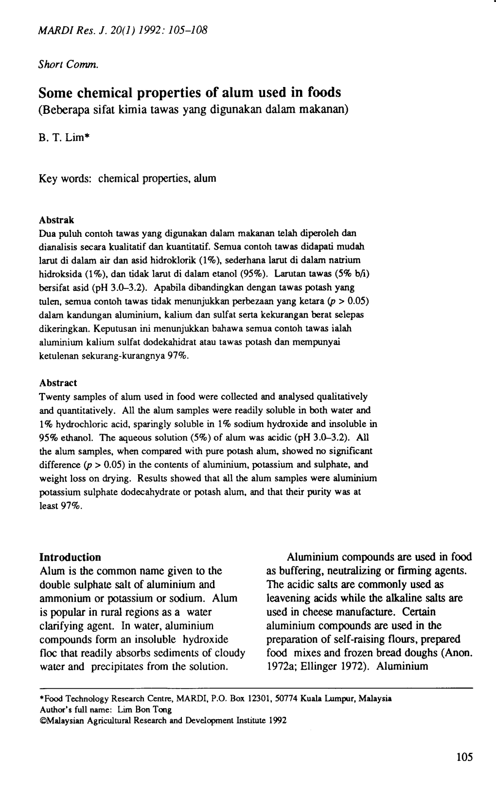 Some Chemical Properties of Alum Used in Foods