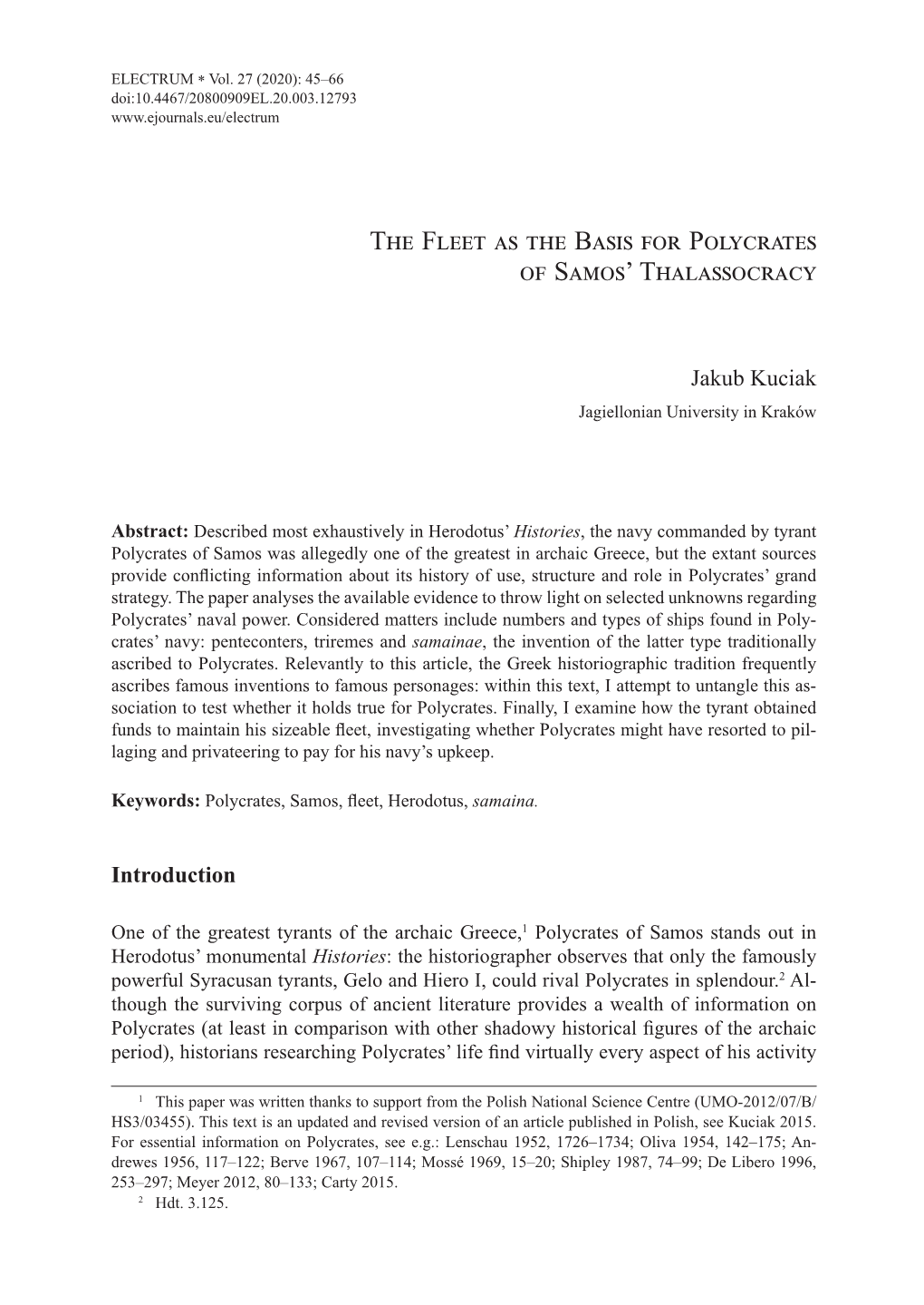 The Fleet As the Basis for Polycrates of Samos' Thalassocracy