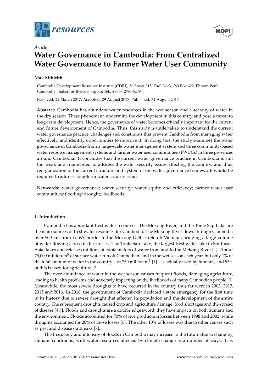 Water Governance in Cambodia: from Centralized Water Governance to Farmer Water User Community