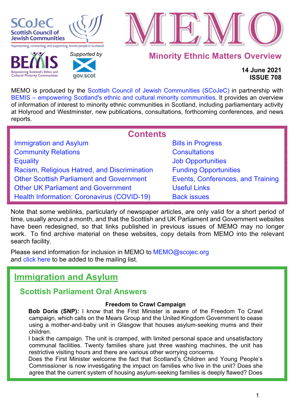 MEMO Is Produced by the Scottish Council of Jewish Communities (Scojec) in Partnership with BEMIS – Empowering Scotland's Ethnic and Cultural Minority Communities