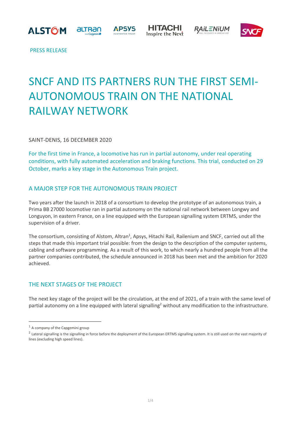 Sncf and Its Partners Run the First Semi- Autonomous Train on the National Railway Network