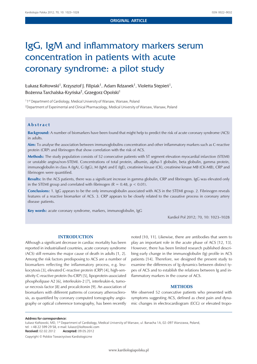 Igg, Igm and Inflammatory Markers Serum Concentration in Patients with Acute Coronary Syndrome: a Pilot Study