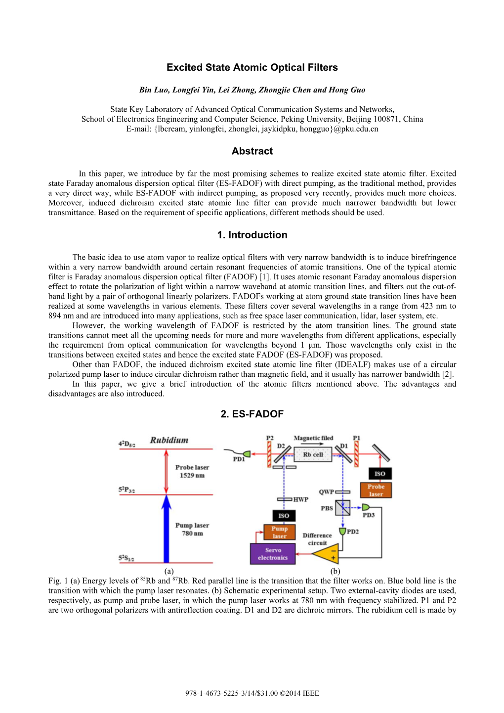 Excited State Atomic Optical Filters Abstract 1. Introduction 2. ES-FADOF