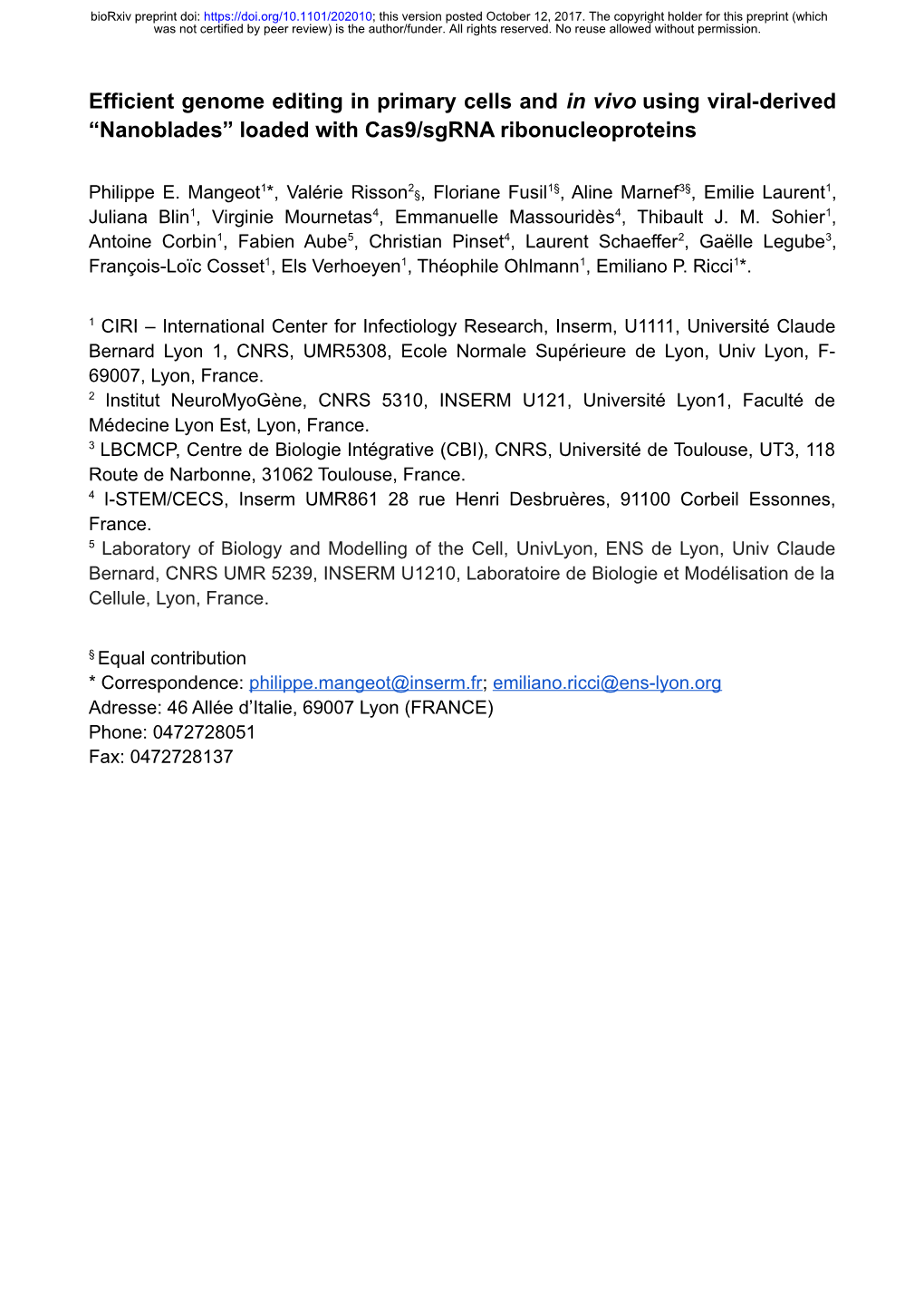 Nanoblades” Loaded with Cas9/Sgrna Ribonucleoproteins