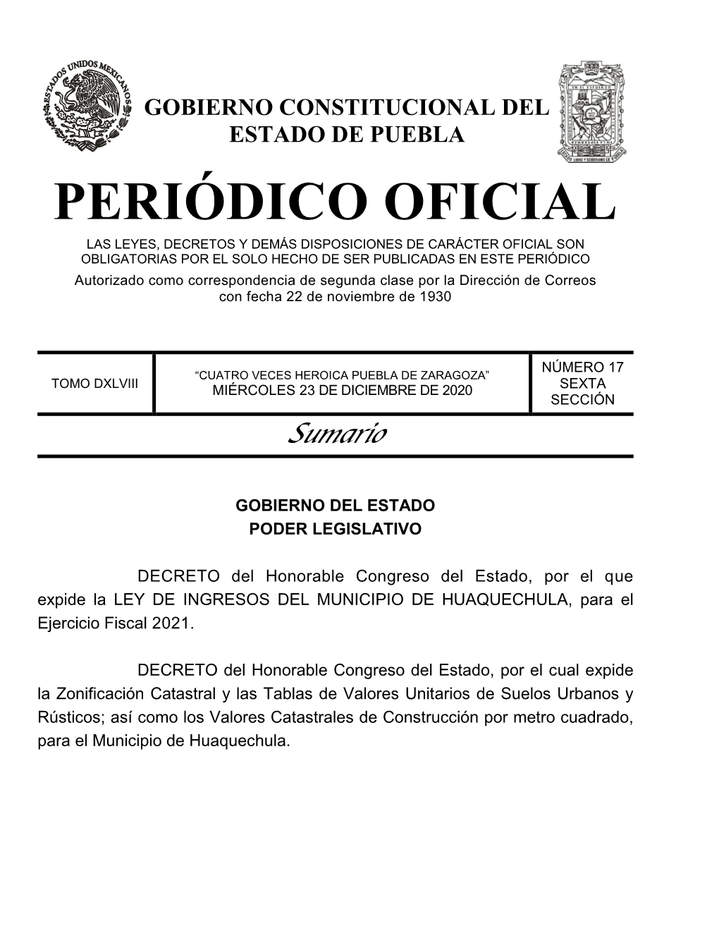 LEY DE INGRESOS DEL MUNICIPIO DE HUAQUECHULA, Para El Ejercicio Fiscal 2021