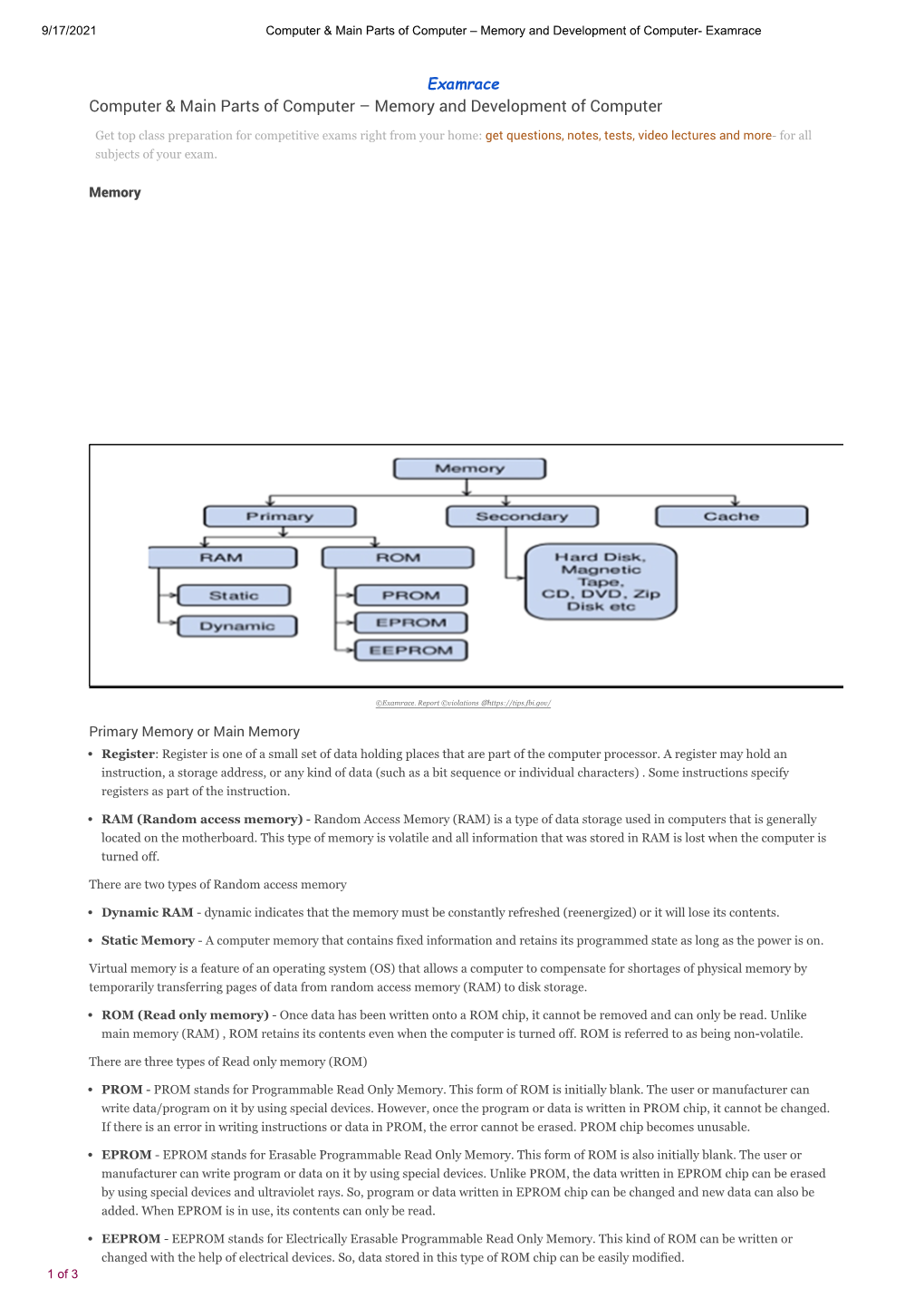 Memory and Development of Computer- Examrace