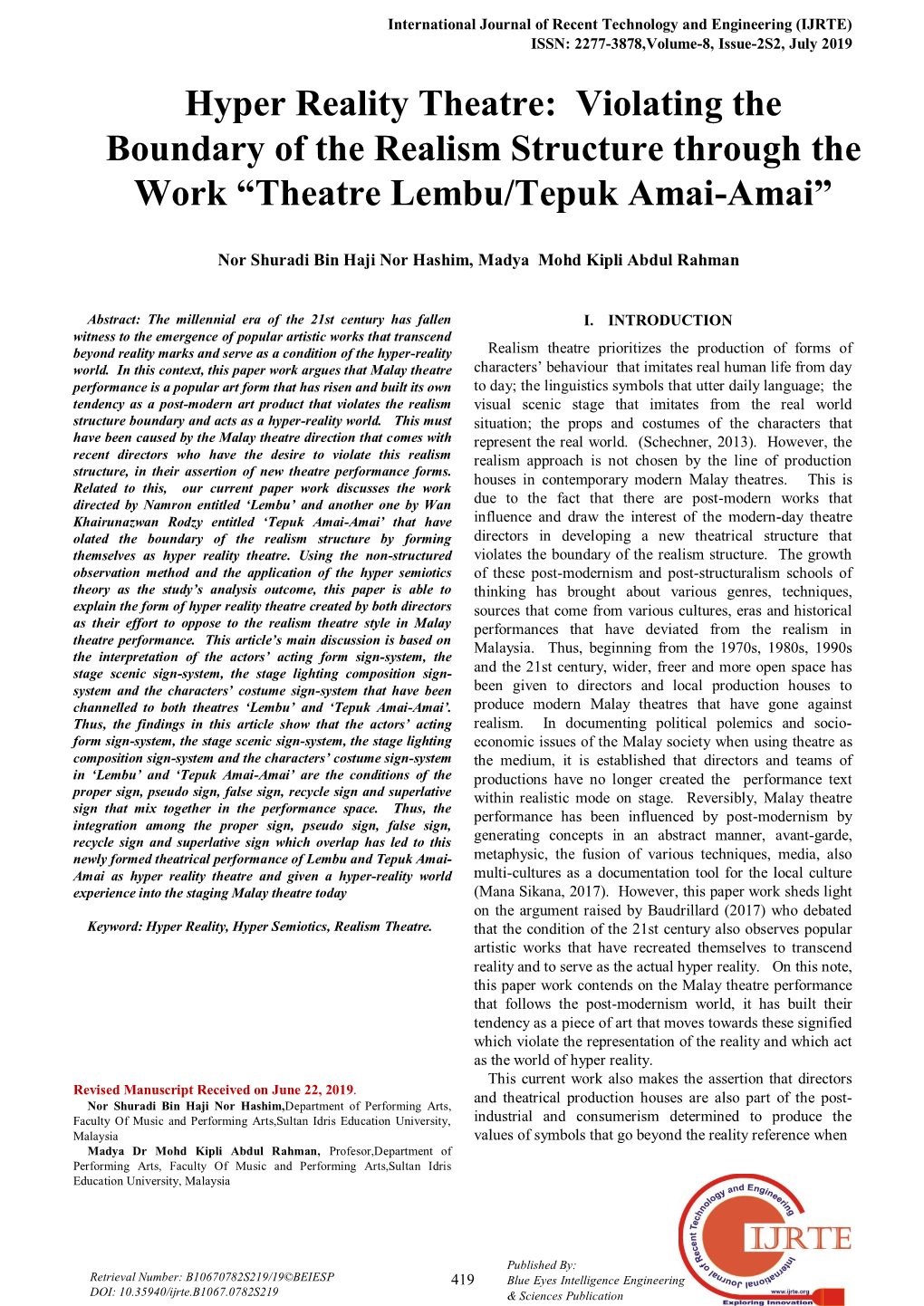 Hyper Reality Theatre: Violating the Boundary of the Realism Structure Through the Work “Theatre Lembu/Tepuk Amai-Amai”