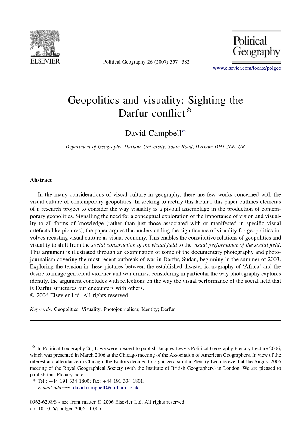 Geopolitics and Visuality: Sighting the Darfur Conflict