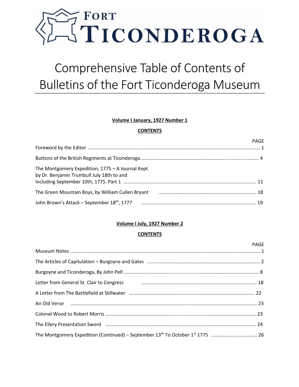 Comprehensive Table of Contents of Bulletins of the Fort Ticonderoga Museum