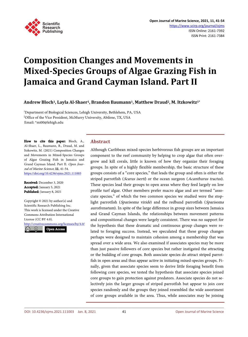 Composition Changes and Movements in Mixed-Species Groups of Algae Grazing Fish in Jamaica and Grand Cayman Island