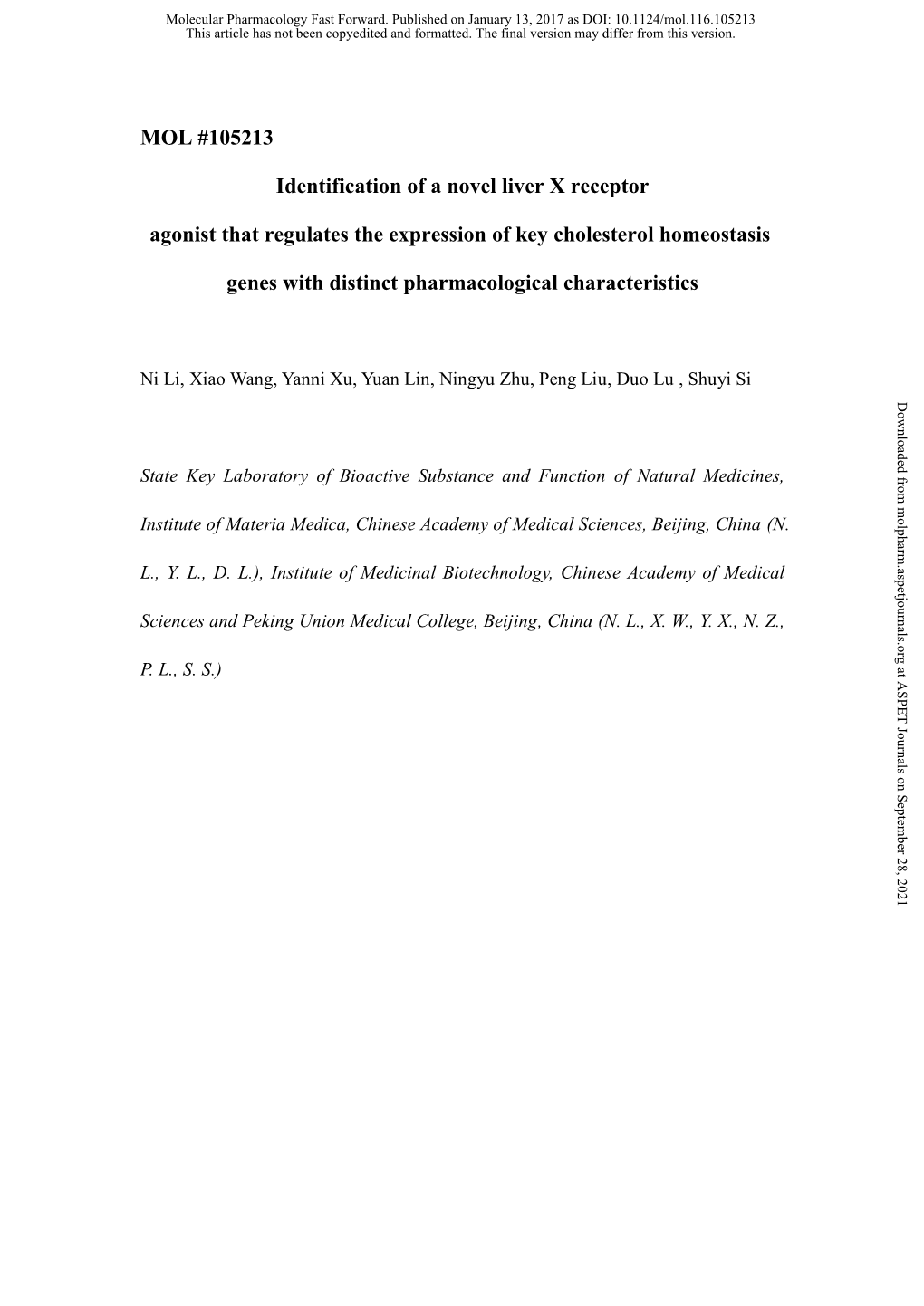 Identification of a Novel Liver X Receptor Agonist That Regulates The