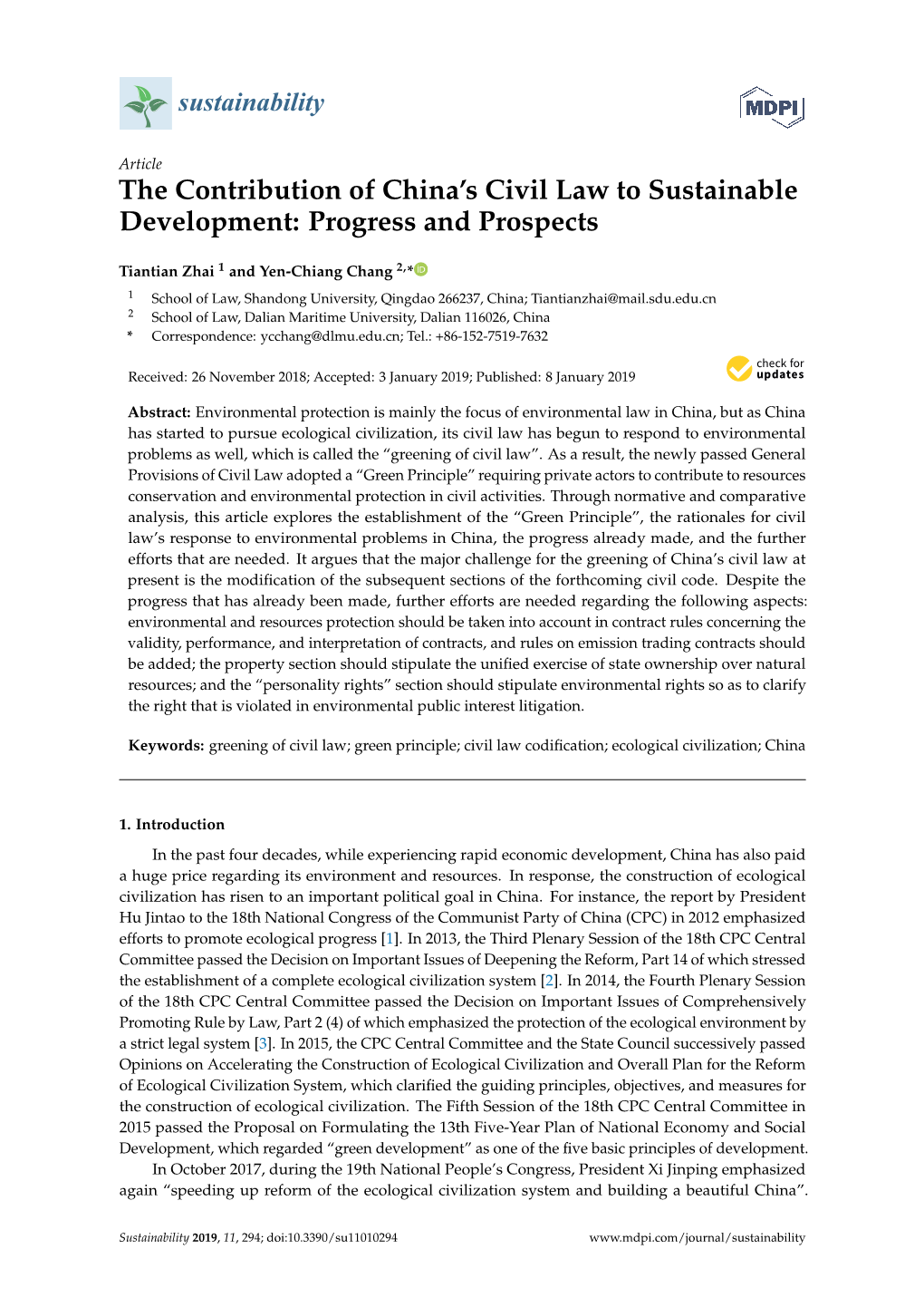 The Contribution of China's Civil Law to Sustainable Development