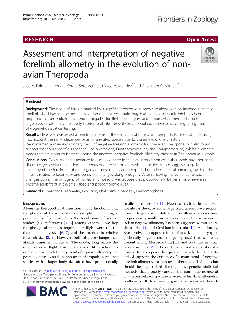 Assesment and Interpretation of Negative Forelimb Allometry in the Evolution of Non- Avian Theropoda José A