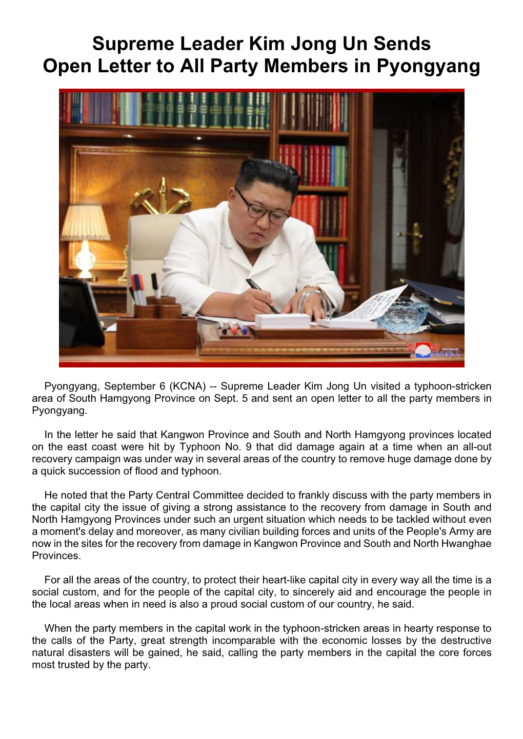 Supreme Leader Kim Jong Un Sends Open Letter to All Party Members in Pyongyang