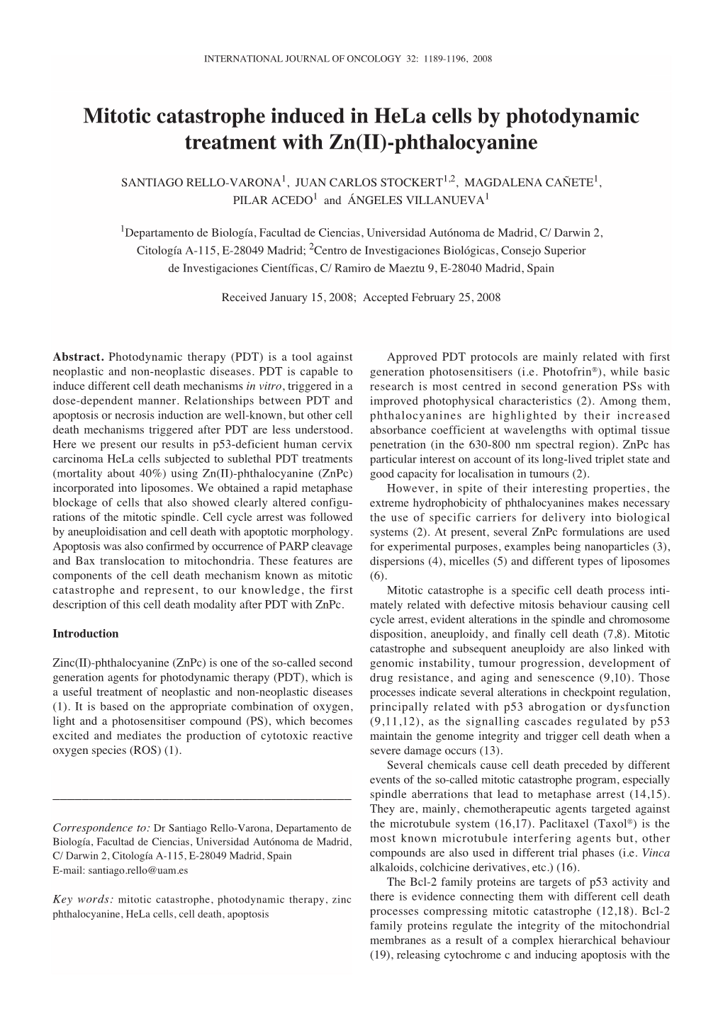 Mitotic Catastrophe Induced in Hela Cells by Photodynamic Treatment with Zn(II)-Phthalocyanine