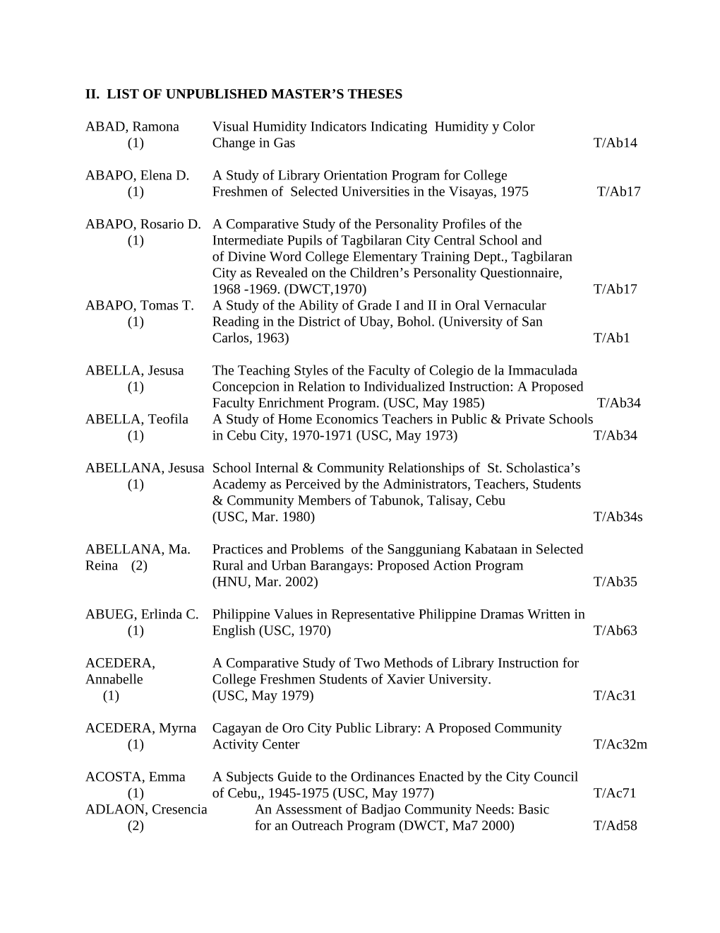 Ii. List of Unpublished Master's Theses